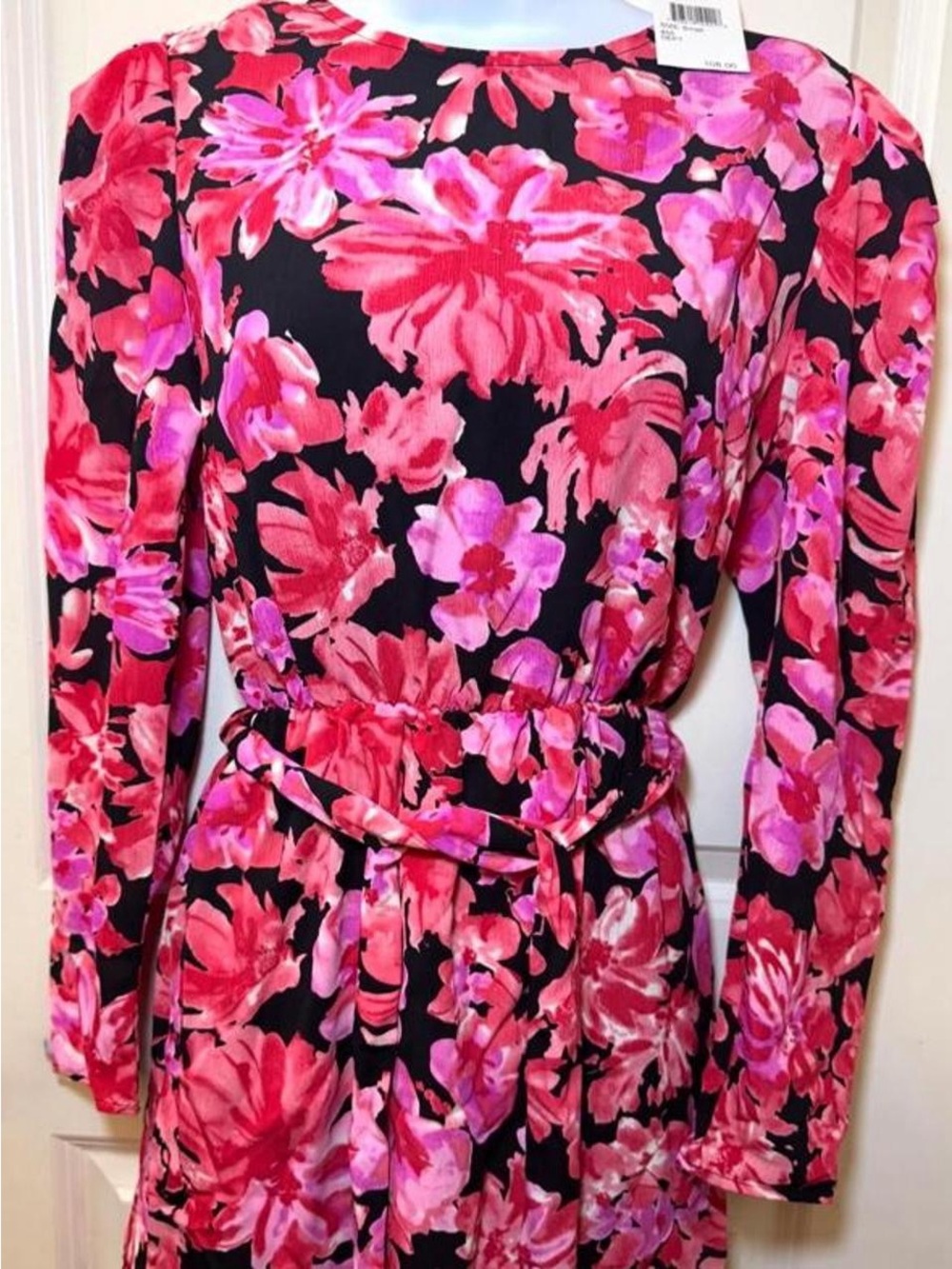 Long-Sleeve Pink Floral Mini Dress with Self-Tie Waist